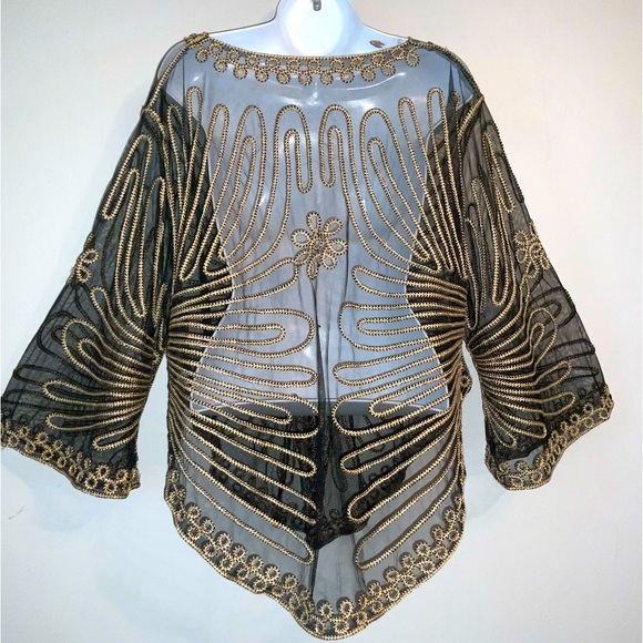 Gorgeous Vintage Black & Gold Embroidered Sheer Retro Poncho OS - Picture 10 of 11